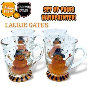 Laurie Gates Hand Painted Halloween Pumpkin Snowman Glass Mugs. Set of 4!